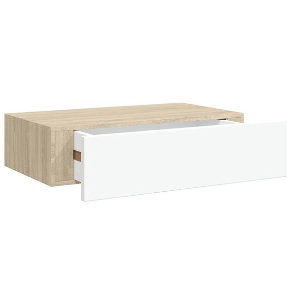 vidaXL Drawer Shelf Oak and White MDF, Metal Compact Wall Shelf