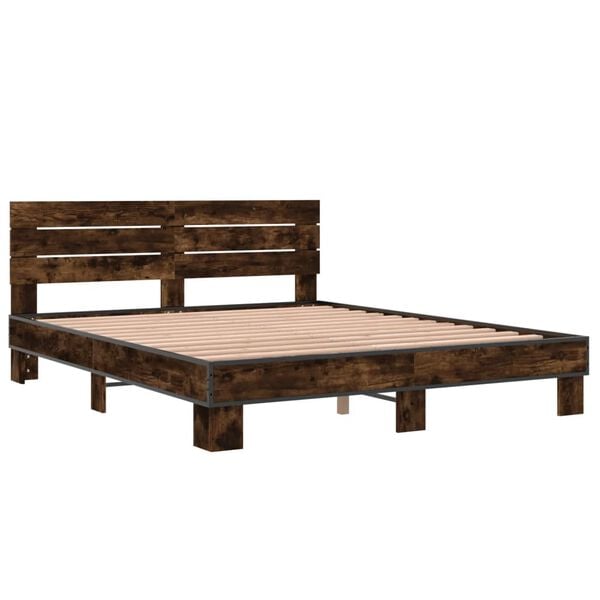 vidaXL Bed Frame Smoked Oak Engineered Wood, Plywood, Metal Double