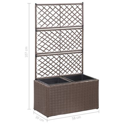 vidaXL Trellis Raised Bed with 2 Pots 22.8"x11.8"x42.1" Poly Rattan Brown