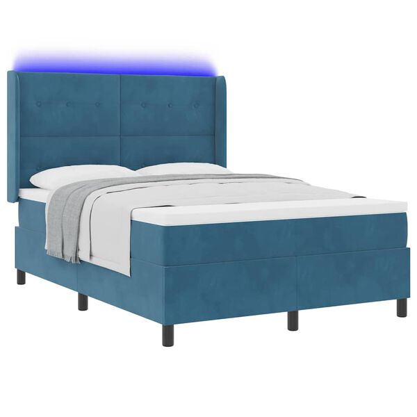 vidaXL LED Box Spring Bed with Mattress Blue 55.1" x 74.8" Velvet