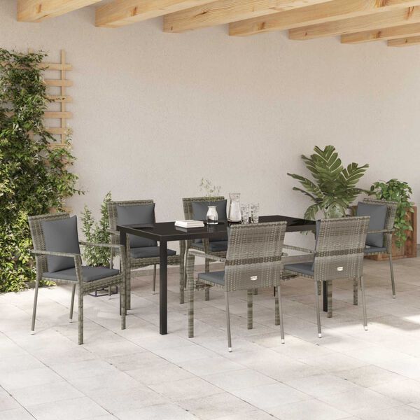 vidaXL Garden Dining Set with Cushion 7 pcs Grey Poly Rattan