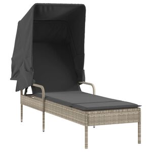 vidaXL Sun Lounger with Canopy Light Grey Poly Rattan
