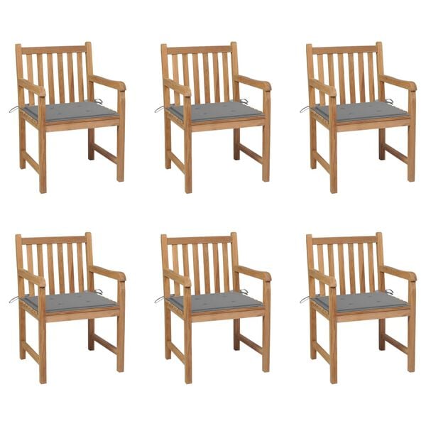 vidaXL Patio Chairs 6 pcs with Gray Cushions Solid Teak Wood