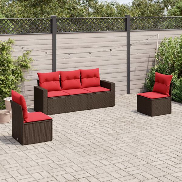 vidaXL 5 Piece Patio Sofa Set with Cushions Brown Poly Rattan