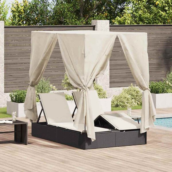 vidaXL Double Sun Lounger with Roof Black 205 x 129 x 200 cm PE rattan