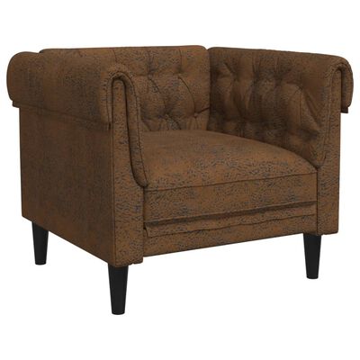 Single brown tufted armchair with rolled arms and tapered legs