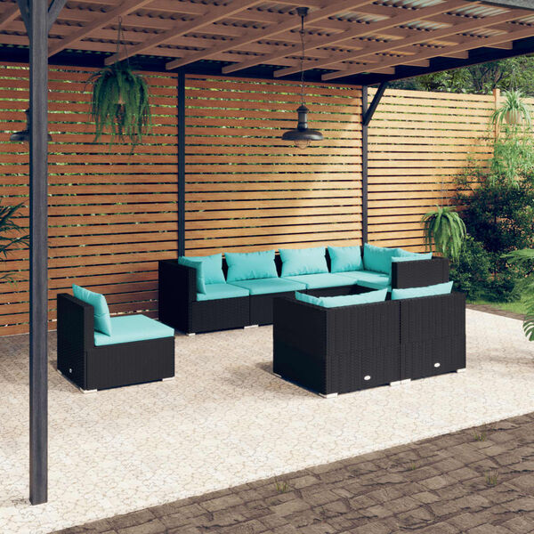 vidaXL Garden Lounge Set Poly Rattan Black, Water Blue Cushions