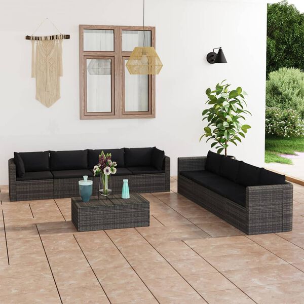 vidaXL Garden Lounge Set Grey PE rattan, Powder-coated steel, Glass
