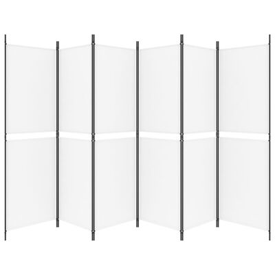A folding room divider with multiple white panels connected by black frames in a zigzag arrangement.