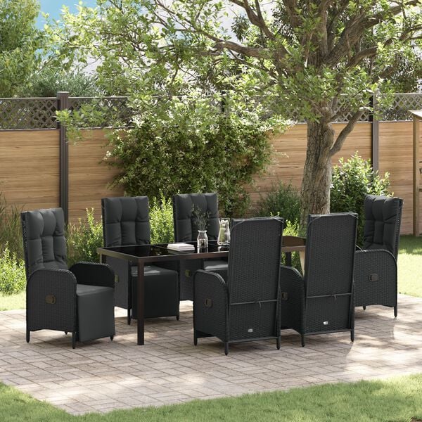 vidaXL Garden Dining Set with Cushion 7 pcs Black Poly Rattan