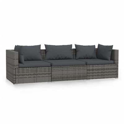 vidaXL Wicker Patio Furniture 3 Piece with Cushions Gray Poly Rattan