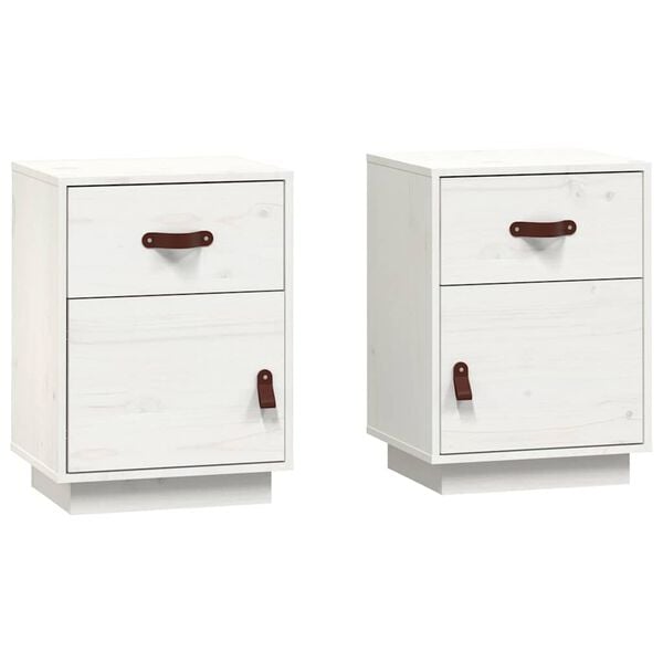 vidaXL Bedside Cabinet Set of 2 White Solid pine wood, faux leather