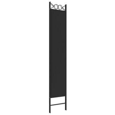 Tall black single-panel room divider with decorative top, thin metal frame, and lower support bar.