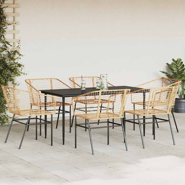 vidaXL 7 Piece Patio Dining Set Brown Poly Rattan Glass
