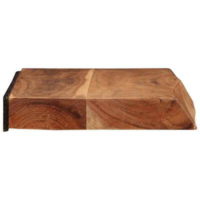 Cut wooden block with dark metal hook or hinge on left, wood grain visible