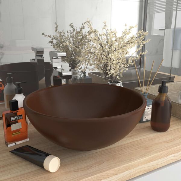 vidaXL Luxury Bathroom Basin Round Matt Dark Brown 12.8x5.5" Ceramic