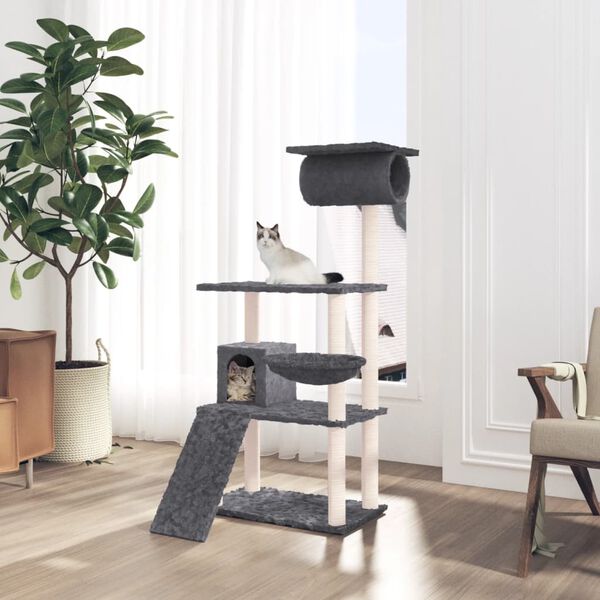 vidaXL Cat Tree Dark Grey Engineered Wood, Plush, Sisal Medium Durable