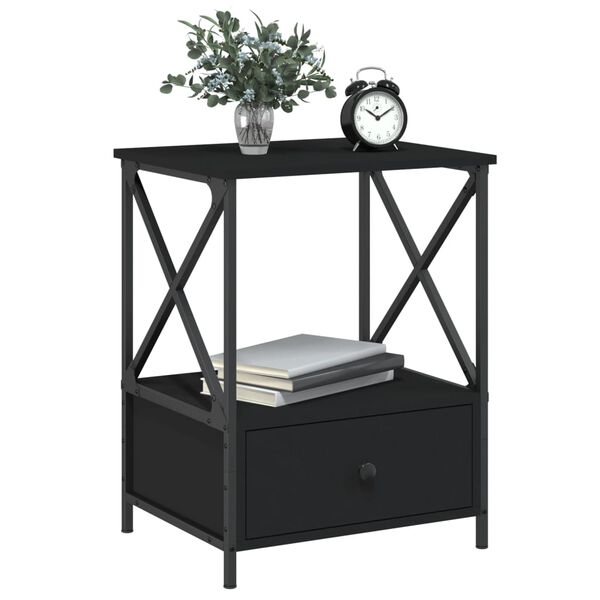 vidaXL Bedside Table Set of 2 Black Engineered wood, iron Bedside Table