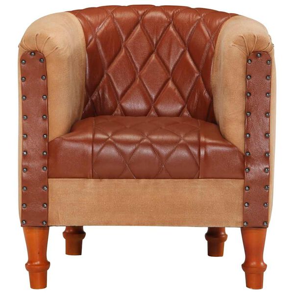 vidaXL Tub Chair Brown Genuine goat leather and canvas with solid mango wood