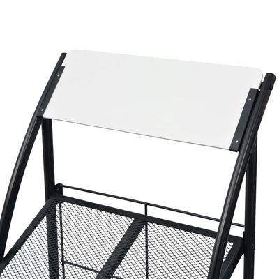 Close-up of a white rectangular top panel attached to a black metal display frame with mesh basket below.