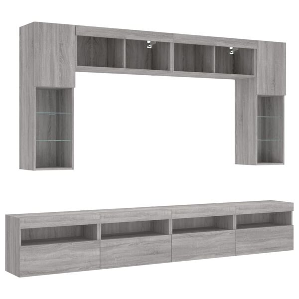 vidaXL 8 Piece TV Wall Stand Set with LED Lights Gray Sonoma