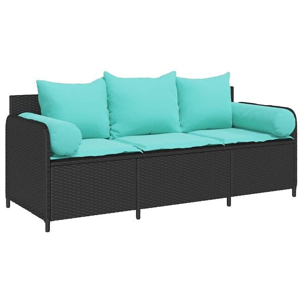 vidaXL Patio Sofa with Cushions 3-Seater Black Poly Rattan