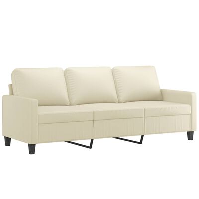 Beige sofa with three cushions and metal legs forming a pull-out or support frame underneath.