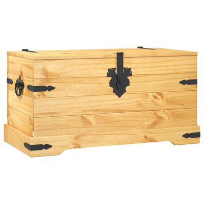 A wooden chest with black decorative latch and hinges, side view showing integrated base and corner details.