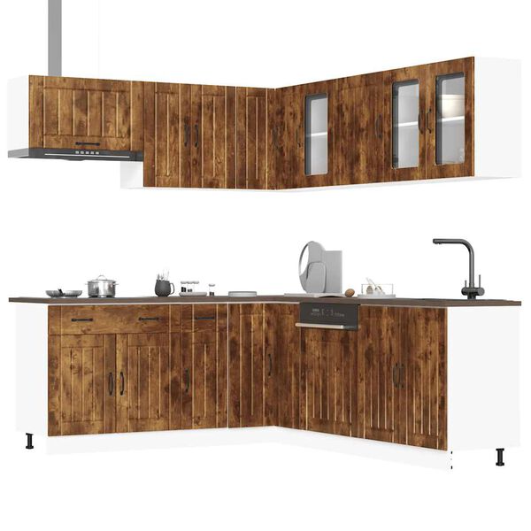 vidaXL Kitchen Cabinet Set Smoked Oak Engineered Wood and Glass Large
