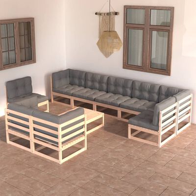 vidaXL 10 Piece Patio Lounge Set with Cushions Solid Pinewood