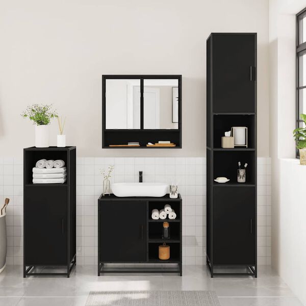 vidaXL Bathroom Furniture Set Black Engineered wood, metal, glass Medium