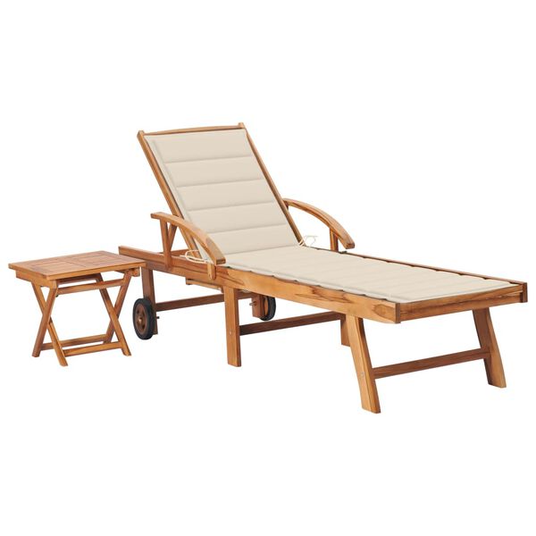 vidaXL Sun Lounger Cream Solid Teak wood Large Multi-Position Backrest