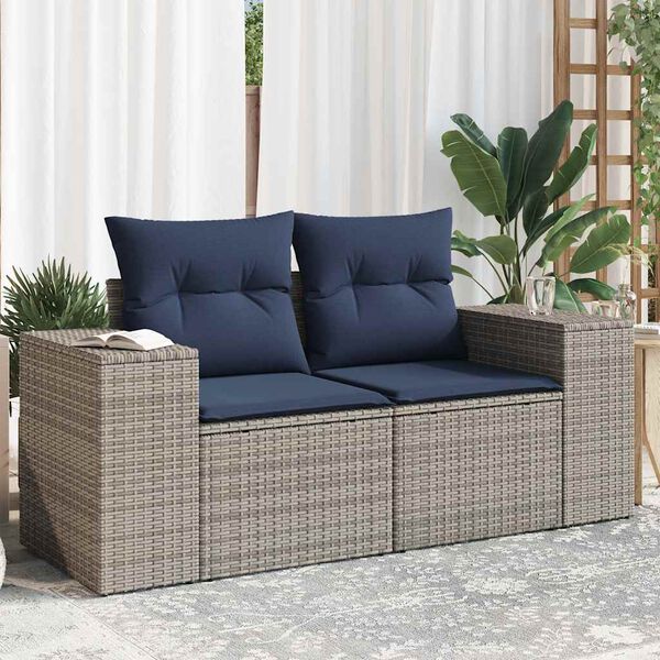 vidaXL Patio Sofa with Cushions 2-Seater Gray Poly Rattan