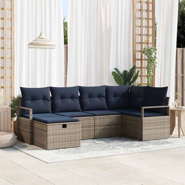 vidaXL Sofa Set with Cushion with Storage Grey and Navy Poly Rattan