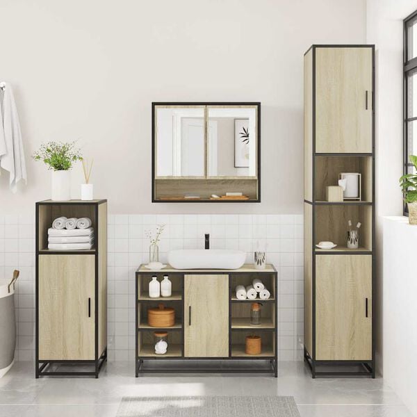 vidaXL Bathroom Furniture Set Sonoma Oak Engineered Wood, Metal, Glass