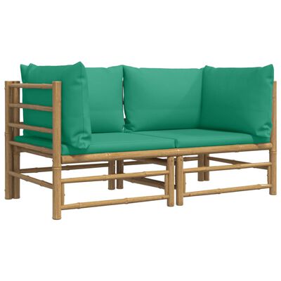 vidaXL Patio Corner Sofas with Green Cushions 2 pcs Bamboo