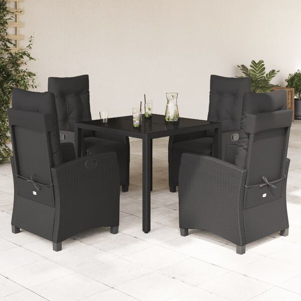vidaXL 5 Piece Patio Dining Set with Cushions Black Poly Rattan