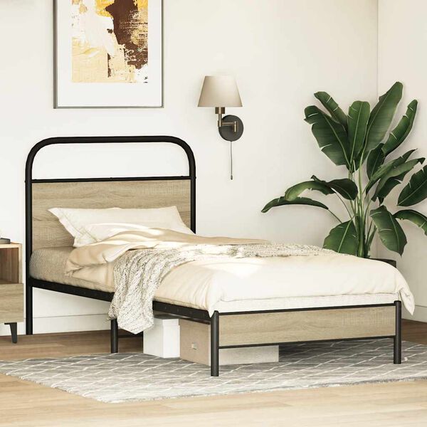 vidaXL Bed Frame Sonoma Oak Steel, Engineered Wood Small Single