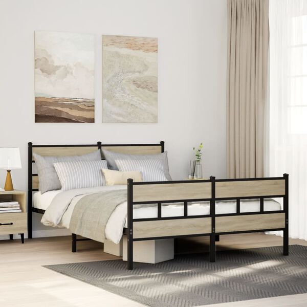 vidaXL Bed Frame Sonoma Oak, Black Iron, Engineered Wood Full Bed Frame