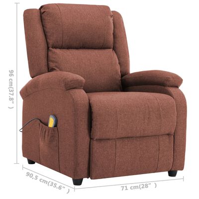 Brown reclining chair with dimension annotations showing height, width, and depth in centimeters.