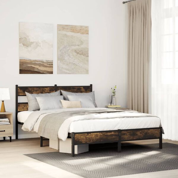 vidaXL Bed Frame Smoked Oak Steel, Engineered Wood Twin Bed Frame