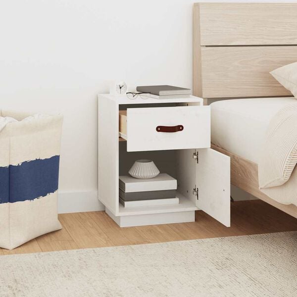 vidaXL Bedside Cabinet Set of 2 White Solid pine wood, faux leather