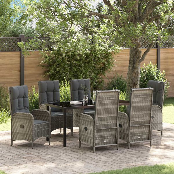 vidaXL Garden Dining Set with Cushion 7 pcs Grey Poly Rattan