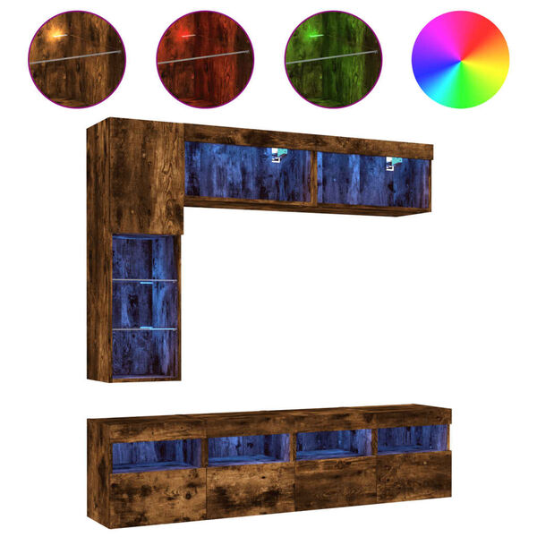 vidaXL 7 Piece TV Wall Stand Set with LED Lights Smoked Oak