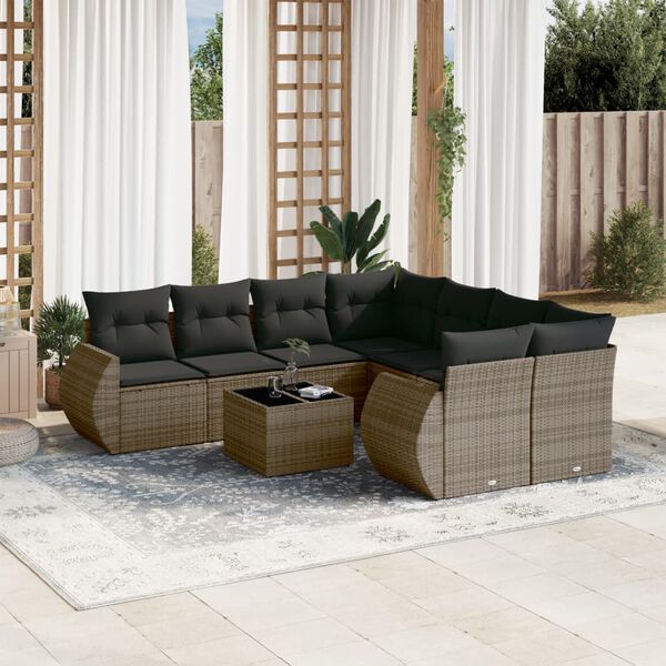 vidaXL Garden Sofa Set Grey PE rattan, powder-coated steel, tempered glass