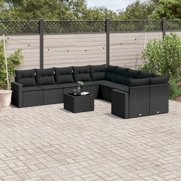 vidaXL Garden Sofa Set Black PE Rattan, Powder-Coated Steel, Tempered Glass
