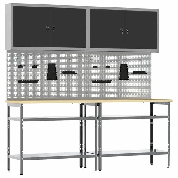 vidaXL Work Bench Set with Shelf with Storage Adjustable Gray Steel