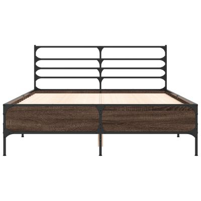 Front view of metal bed frame with dark wood panels and curved headboard slats