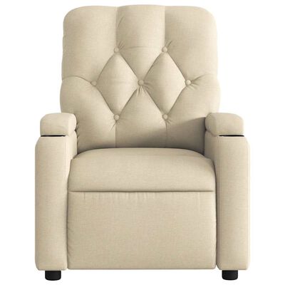 Front view of a beige tufted recliner with armrests and turned legs