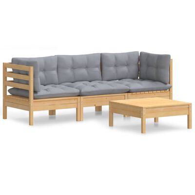 vidaXL 4 Piece Patio Lounge Set with Gray Cushions Pinewood